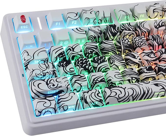 Tsungup PBT Keycaps,138 Keys Custom Cool Dragon Pattern Side Print Keycaps,Cherry Profile Key Caps Keyboard Keycap Set for 60% 65% 75% 80% 100% MX Switches Mechanical Keyboard(White)