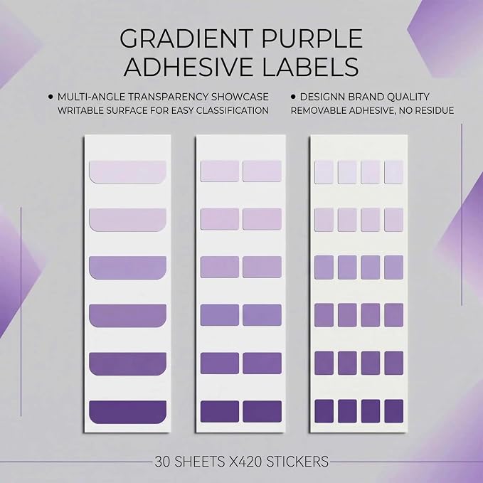 420Pcs Gradient Index Tabs, Translucent Sticky Note Tabs for Annotating Books & Bible, Aesthetic Reading, Study, Journaling & Office Supplies, 3 Size Clear Page Markers Stickers (Purple)