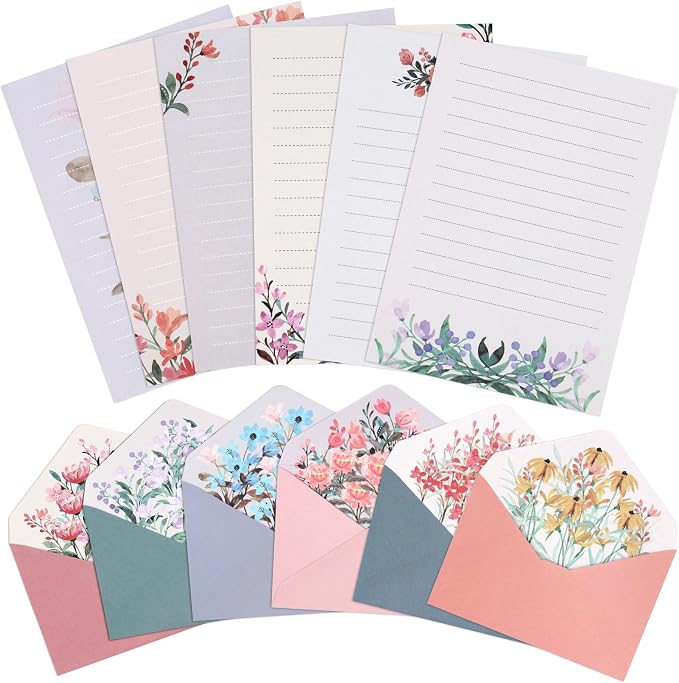 KSIWRE 36 PCS Writing Paper and Envelopes Set,Warm Floral Themed Stationary Set for Wedding Invitations Wishes,24 Lined Stationery Paper with 12 Envelops