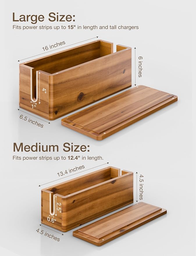 TIDITA Set 2 Sizes Wooden Cable Management Box Round Edge, Magnetic Lid | Large & Small Size, Cable Slots, Magnetic Lid, Non-Skid Pads, Solid Acacia Wood, Wooden Power Strip Box, Surge Protector Box