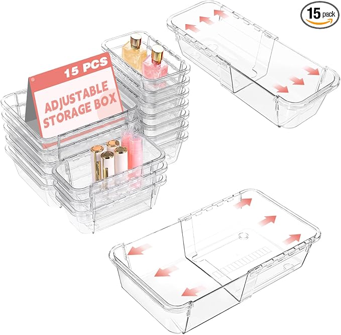 15 Pcs Extendable Clear Drawer Organizer, All Adjustable Vanity Storage Box, 2-Size Desk Drawer Organizer, Acrylic Storage Bins for Makeup, Cosmetic, Bedroom Dressers Tool Organizer for Gadgets