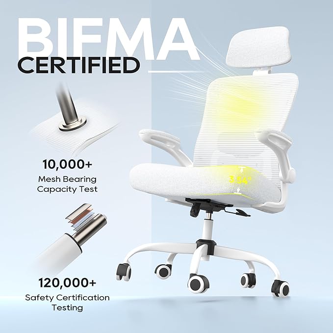 Ergonomic Office Chair, High Back Mesh Desk Chair with Adjustable Lumbar Support & Headrest, Flip-up Armrest, Computer Task Chairs for Home and Executive Office (W-White)