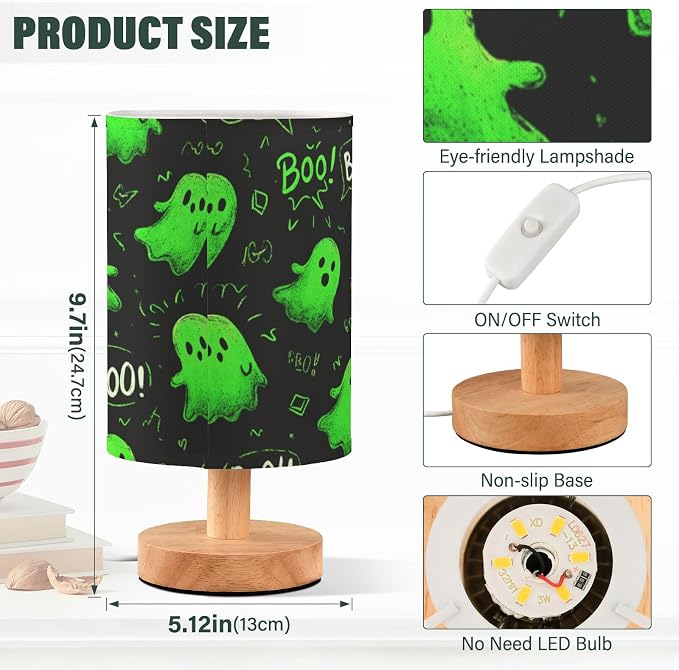 Dussdil Halloween Green Ghost Table Lamp Bedroom Bedside Night Reading Desk Lamps Cylinder Nightstand Sleeping Light Lamp for Kids Living Room Office Decor