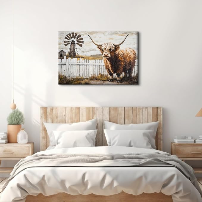 Rustic Cattle Canvas Wall Art Vintage Barn Painting Wall Decor Western Farm Longhorn Cow Pictures for Bedroom Autumn Wild Animal Poster Prints Modern Large Artwork for Living Room Decorations 32x48"