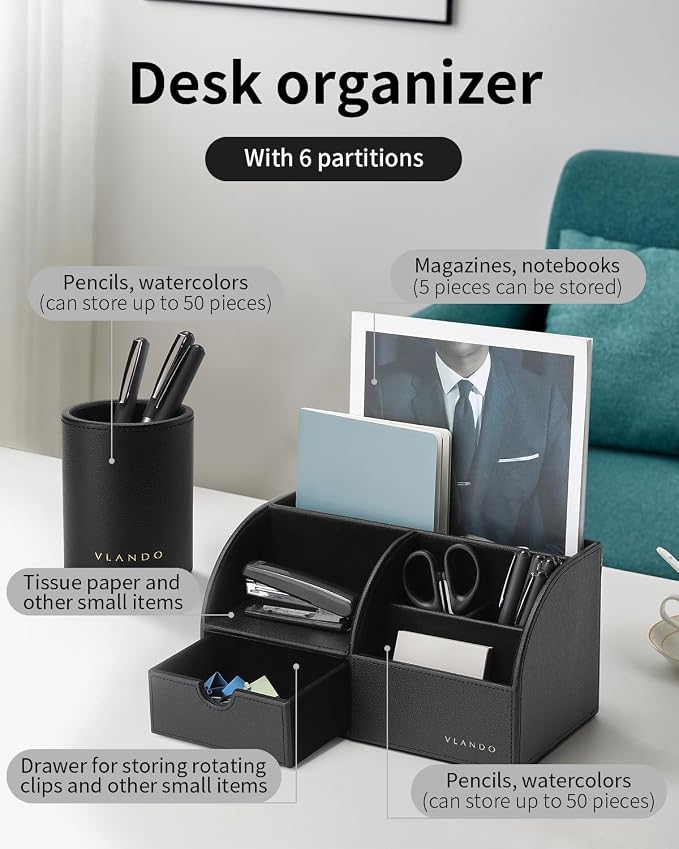 VLANDO 2 Pcs PU Leather Desk Caddy Set with Drawer,Pen Holder | Set for Office Supplies,Remote Controls,Pens,Small Accessories,Workspace Decor for Men,Black