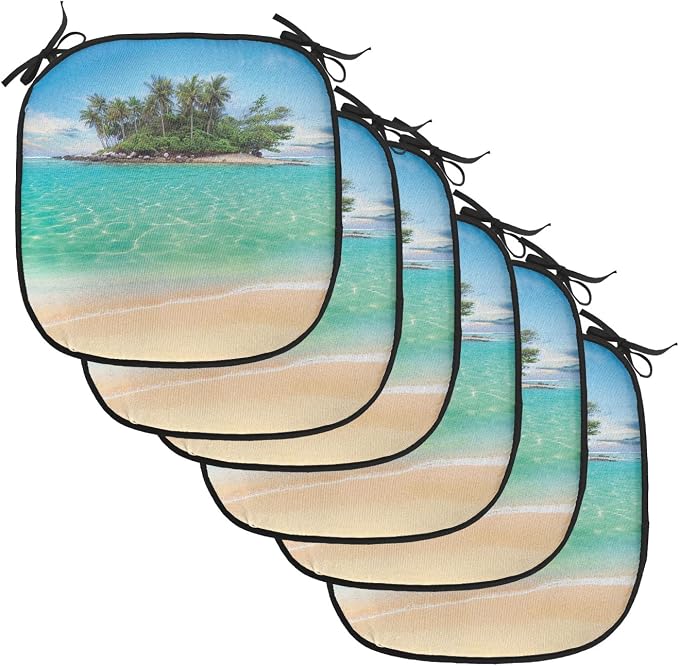 Lunarable Island Chair Cushion Pads Set of 6, Tropical Island Sandy Seaside Clear Water Honeymoon Destination Waterscape, Anti-Slip Seat Padding for Kitchen & Patio, 16"x16", Cream Blue Green