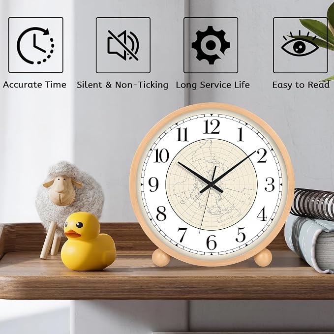 Maxspace Wooden Table Clock,8in Silent Non-Ticking Desk Clock,Battery Operated Desktop Analog Clock for Living Room Bedroom Kitchen Office Classroom Decor (Log - Map)