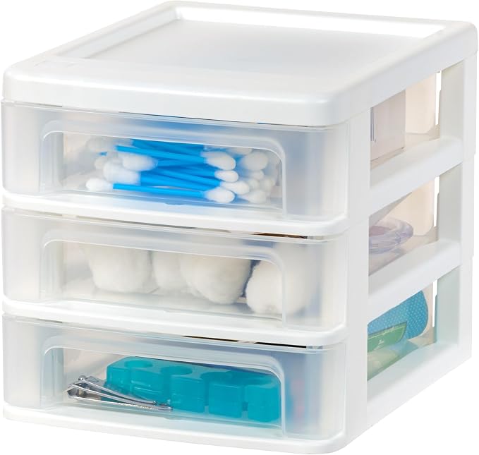 IRIS USA 4-Pack 3-Drawer Small Desktop Organizer, Stackable, White | Organize office supplies, stationery, makeup, craft materials and everyday essentials for neat desktop storage