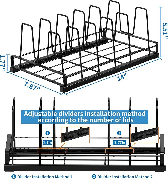 Food Container Lid Organizer Rack with Adjustable 6 Dividers, Black | Full-Metal Pot and Pan Organizer Holder for Home Kitchen Cabinets, Drawers, Countertop, Cupboards, Pantry Shelves Storage