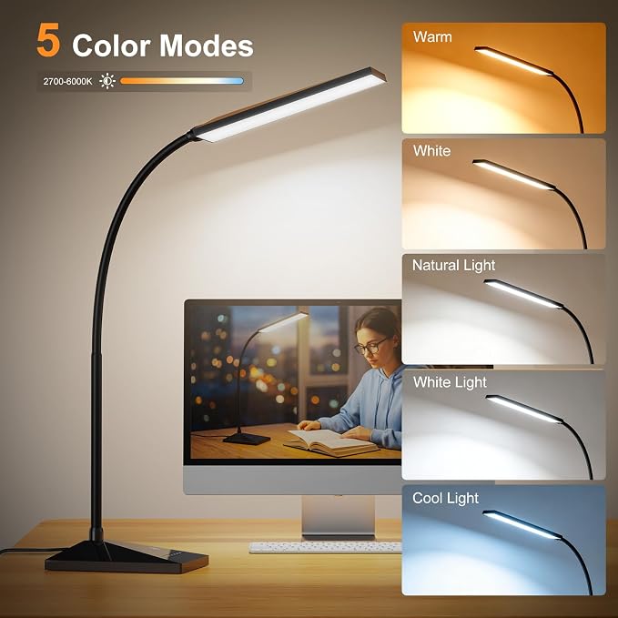 LED Desk Lamp, 7W 390LM Eye-Caring Desk Light with 5 Color Modes & Stepless Dimming, 360° Flexible Gooseneck Touch Control Table Lamp for Bedroom Bedside Study Black