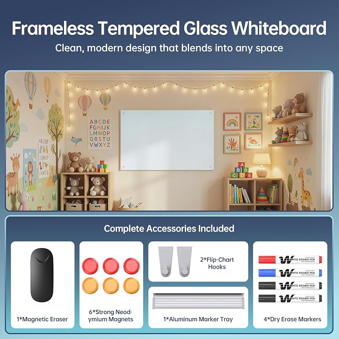 Glass Whiteboard 36" x 24", Frameless Wall Mounted Dry Erase Board with Tempered Glass Surface, Steel-Backed Magnetic Support, Tray, Eraser, Markers & Magnets for Office, School, Home