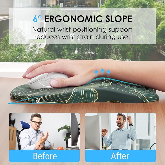 MROCO Ergonomic Mouse Pad with Wrist Support, 11.8 x 7.8 in, Green Leaves | Memory Foam Wrist Rest Mouse Pad, Non-Slip Base, Smooth Lycra Surface for Office & Home, Comfortable Wrist Support