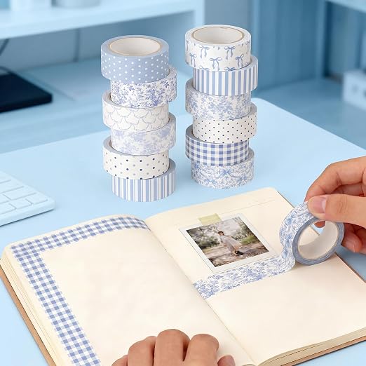 12 Rolls Watercolor Floral Washi Tape Set 15 mm Vintage Flower Decorative Masking Tape for Summer School Arts DIY Craft Scrapbook Journal Supplies Gifts(Blue and White,Floral)