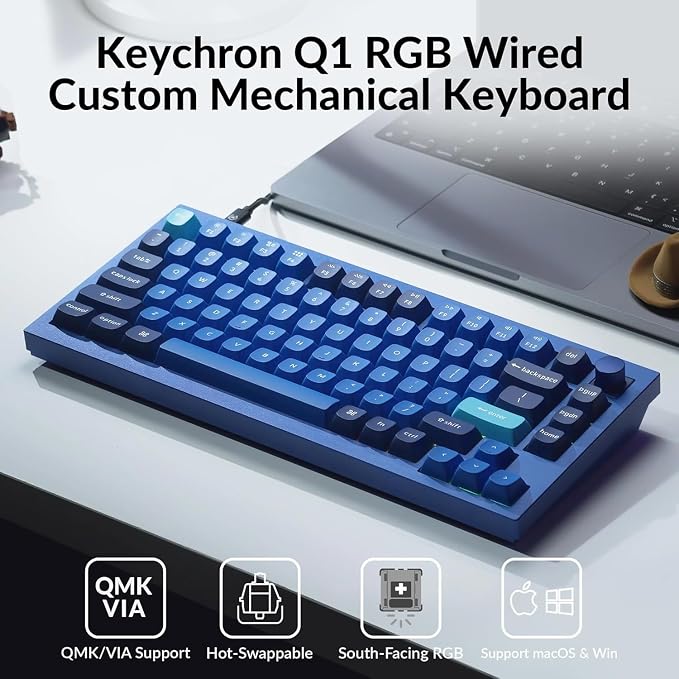 Keychron Q1 RGB Wired Custom Mechanical Keyboard, 75% Layout RGB Backlight with Hot-swappable Gateron G Pro Red Switch Double Gasket Compatible with Mac Windows Linux (Blue) -Version 2