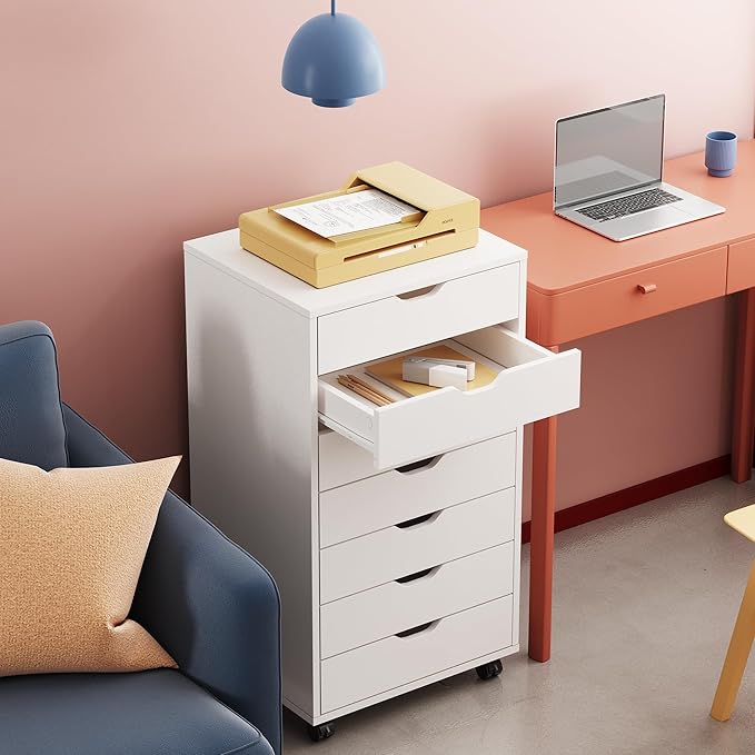 DEVAISE 7-Drawer Office File Cabinets, Mobile Craft Storage Cabinet, White | Wood Drawer Unit, Storage Cabinet, Rolling Cart, Printer Stand, Filing Cabinet with Drawers