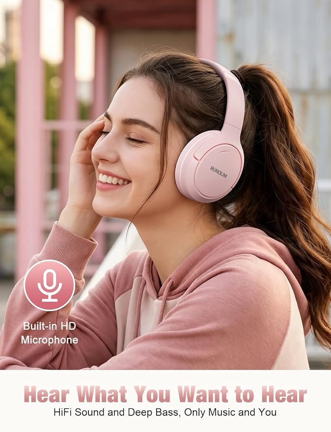 RUNOLIM Hybrid Active Noise Cancelling Headphones, Wireless Over Ear Bluetooth Headphones with Microphone, 100H Playtime, Foldable Headphone with HiFi Audio, Deep Bass for Home Travel Office（Pink）