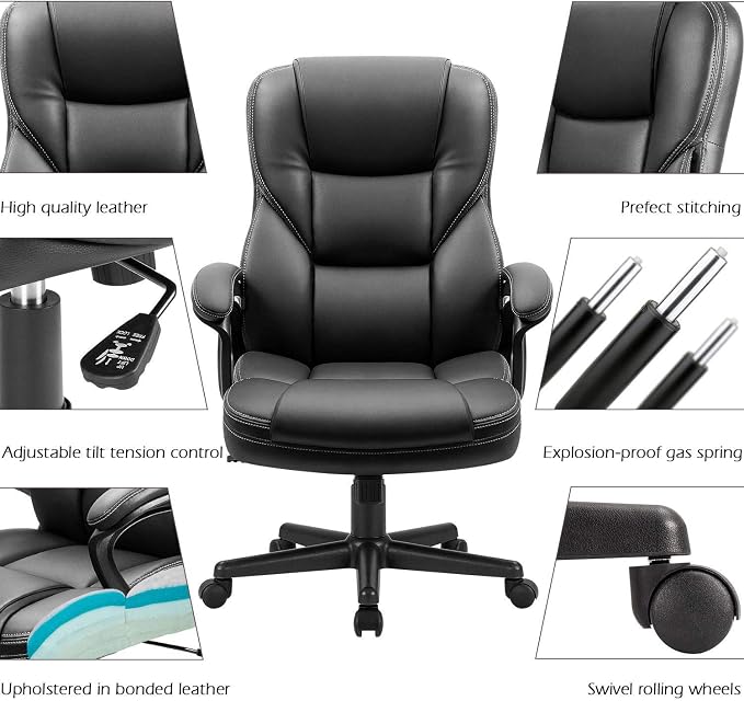 Furmax Office Executive Chair High Back Adjustable Managerial Home Desk Chair, Swivel Computer PU Leather Chair with Lumbar Support (2, Black)