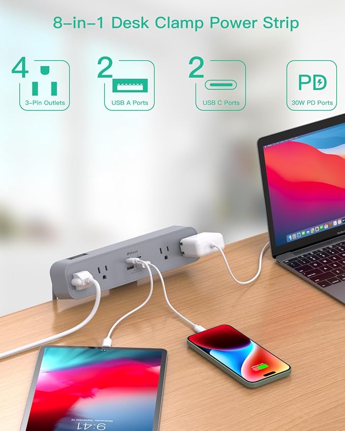 Mifaso PD30W Desk Clamp Power Strip, Surge Protector, Fast Charging Station | 4 Outlets, 4 USB (2 USBC), 5FT Extension Cord, Desk Organizer Gaming Accessories Home Office Essentials, Fits 1.96" Edge,Gray
