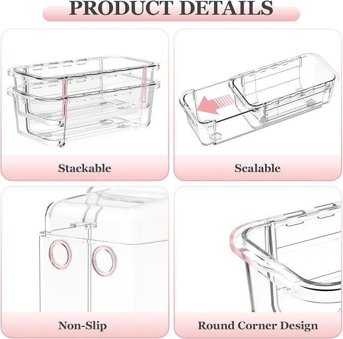 DILIBRA 12 Pcs Clear Extendable Drawer Organizer, Adjustable Drawer Storage | 2-Size Desk Drawer Organizer, Plastic Non-Slip Storage Bins for Makeup Cosmetic Jewelries Utensils Stationery Dressers Tool