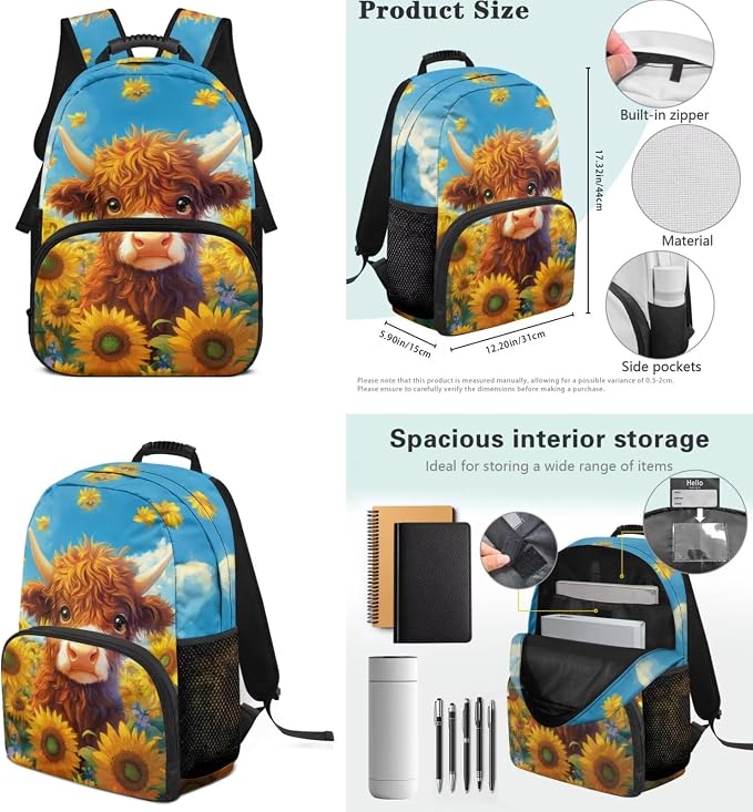 ZFRXIGN Highland Cow Kids Backpack for Boys Bookbag with Pendant 17inch Elementary School Girls Bag and Insulated Lunch Box Portable Pencil Case Blue Sunflower