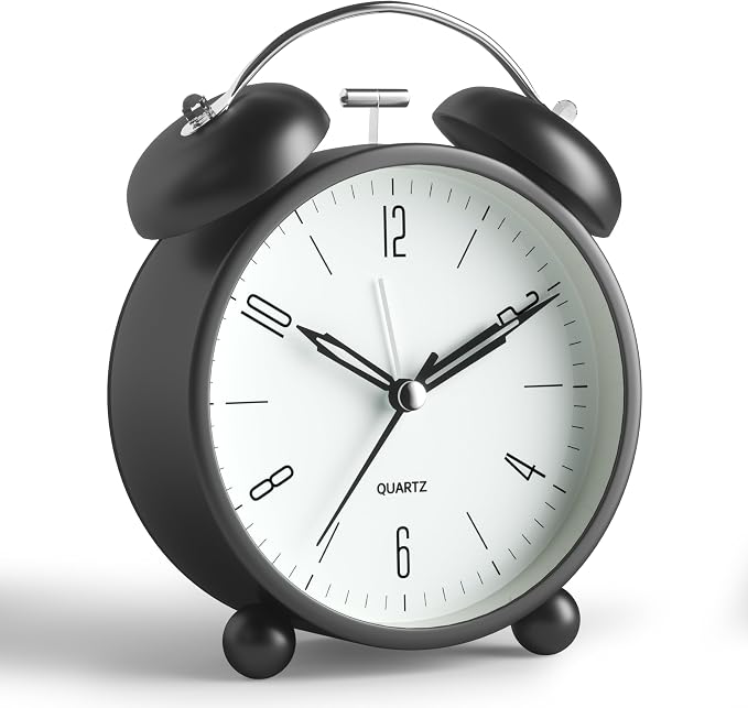 Twin Bell Loud Alarm Analog Alarm Clock, 4 inch Super Silent Non Ticking Small Clock with Night Light, Battery Operated, Simple Design, Old Fashioned, for Heavy Sleeper, Bedroom, Bedside, Desk, Black
