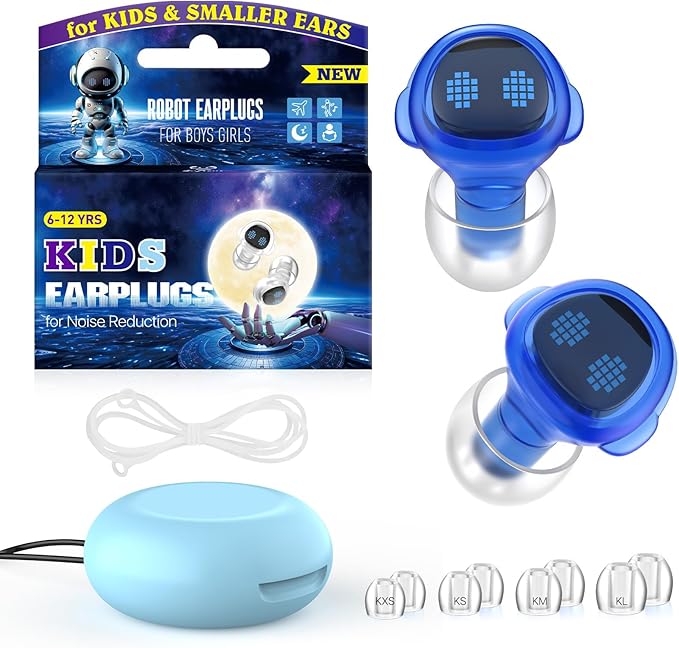 Kids Ear Plugs for 6-12 Yrs with Lanyard, 26dB Reusable Noise Relief Earplugs for Child/Adult with Tiny Ear, Hearing Protection for Noise Sensitivity, Socializing, Sleep, Focus, 4 Sizes Tips in XS-L,B
