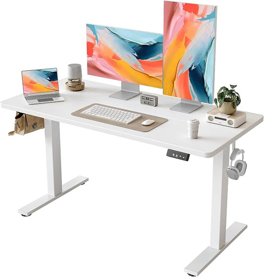 TIQLAB Electric Standing Desk, Adjustable Height Stand up Desk, 55 * 24 Inches Sit Stand Home Office Table with Splice Board, White