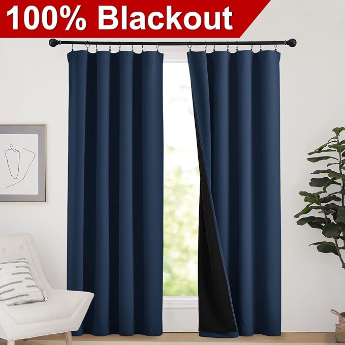NICETOWN Complete 100% Blackout Curtains, Thermal Insulated & Energy Efficiency Window Draperies for Guest Room, Full Shading Panels for Shift Worker and Light Sleepers (Navy, 52W x 84L, 2 PCs)