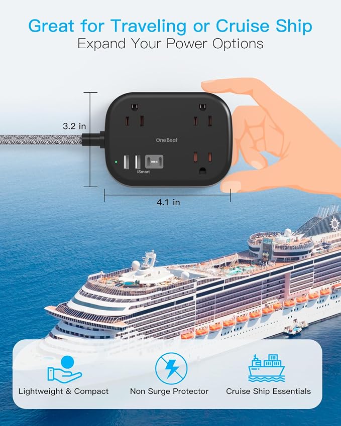 Cruise Essentials 2026,Travel Power Strip with USB C,Flat Plug Extension Cord with 3 Outlets 4 USB Ports(2 USB C),6 ft Desk Wall Outlet Extender,Non Surge Protector for Cruise,Dorm Room,ETL-Black