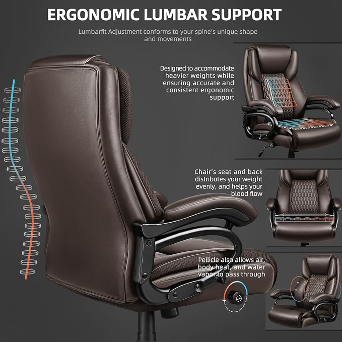 VITESSE 500lbs Heavy Duty Office Chair for Low Back Pain Relief, Big and Tall Office Chair with Ergonomic Lumbar Support, High Back Executive Chair with Quiet Rubber Wheel
