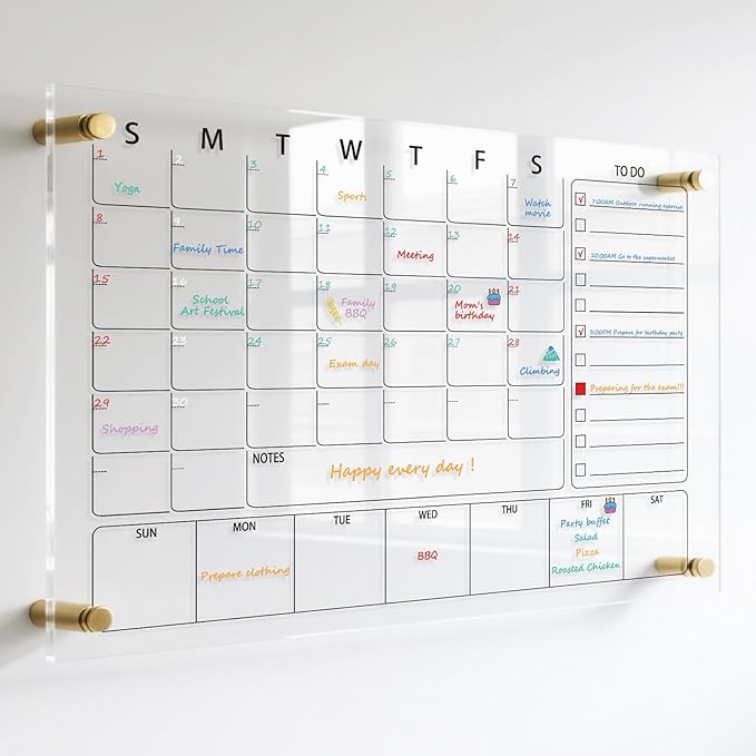 IJIJIJ- 36×24” Clear Acrylic Calendar for Wall, Acrylic Wall Calendar Dry Erase Board, Reusable Monthly Whiteboard, Family Planner for Wall with 8-Color Markers, Perfect for Home, Office & Classroom