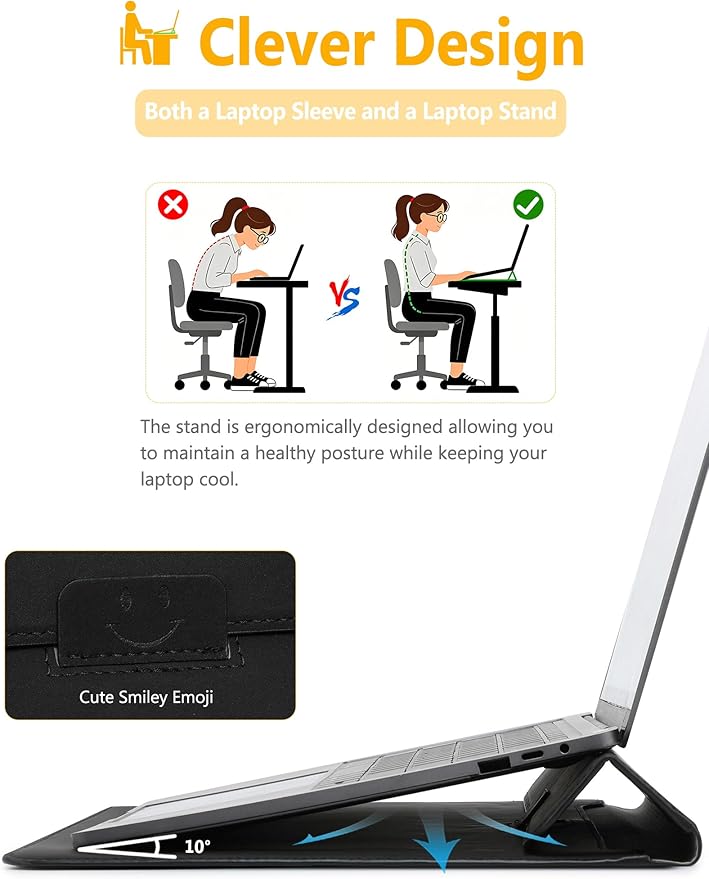 HYZUO 13 Inch Laptop Case Sleeve with Stand for 2026-2018 MacBook Air 13 M5 M4 M3 M2 M1, 2026 13" MacBook Neo, 2026-2016 MacBook Pro 13 M2 M1, iPad Pro/Air 13, Surface Pro 12-3, XPS 13, Black