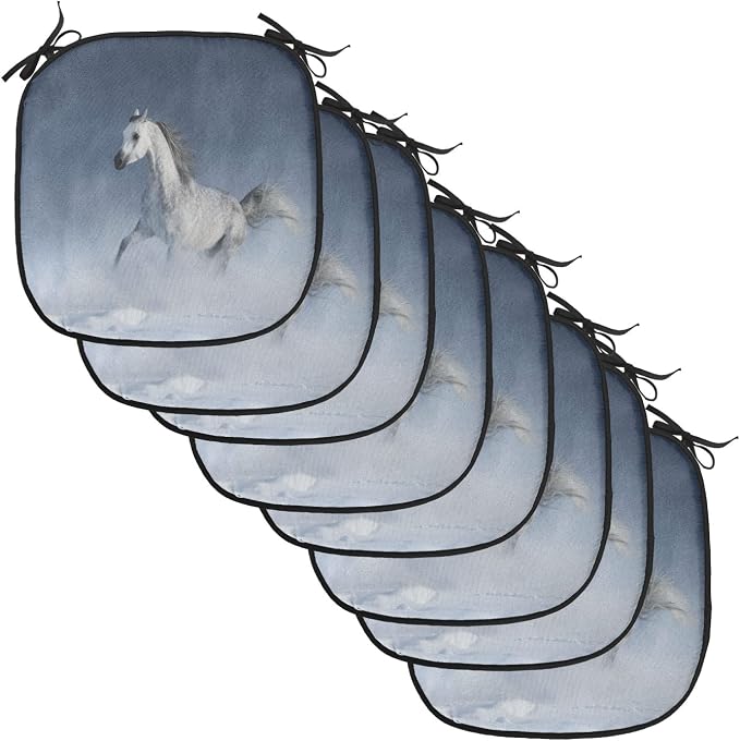 Lunarable Orient Chair Cushion Pads Set of 8, Horse Galloping During a Snowstorm Stallion Winter Snow View Equine Print, Anti-Slip Seat Padding for Kitchen & Patio, 16"x16", Night Blue