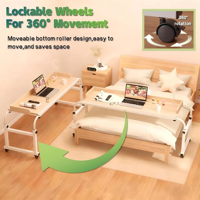 Overbed Table with Wheels and Desktop Enclosure, Height and Length Adjustable Over Bed Desk King Queen Bed Table Overbed Laptop Table (Walnut)