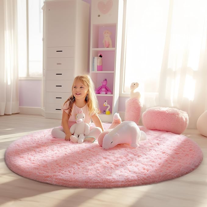 Ophanie Round Rugs 5Ft Pink Circle Area Rug, Fluffy Fuzzy Bedroom Carpet, Plush Soft Shaggy Indoor Floor Kawaii Living Room Rugs for Kids, Cute Room Decor for Teen Girls Home Decor Aesthetic, Nursery