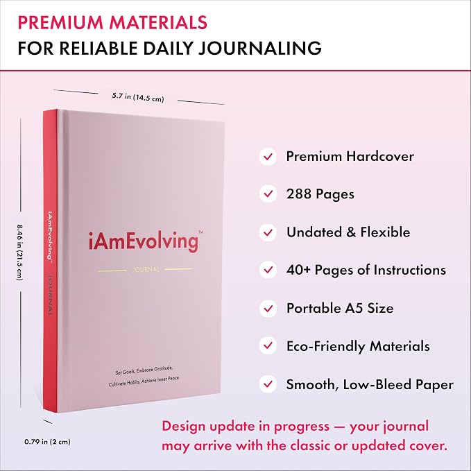 Daily Gratitude, Goal Setting & Habit Tracker Journal for Women & Men with 9-Point Emotional Wellness Scale — iAmEvolving™ 288-Page Hardcover Personal Growth Planner (Misty Rose Cover)