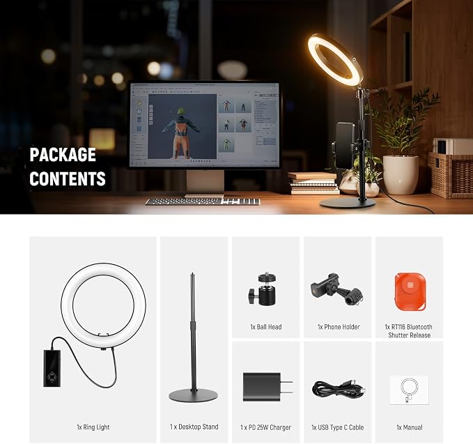 NEEWER 8" 18W High Power Desk Ring Light with Stand & Phone Holder, Circle Selfie Ringlight for iPhone Streaming Vlogging Recording, Video Conference Lighting Kit for Laptop Computer Zoom Call, RH8B