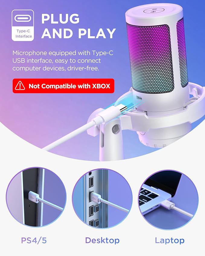 InnoGear Gaming USB Microphone, Noise Cancellation Condenser Mic with Mute, Gain, RGB Indicator, Boom Arm Stand for Streaming, Podcast, Twitch, YouTube, Discord, PC, Computer, PS4, PS5, Mac, White