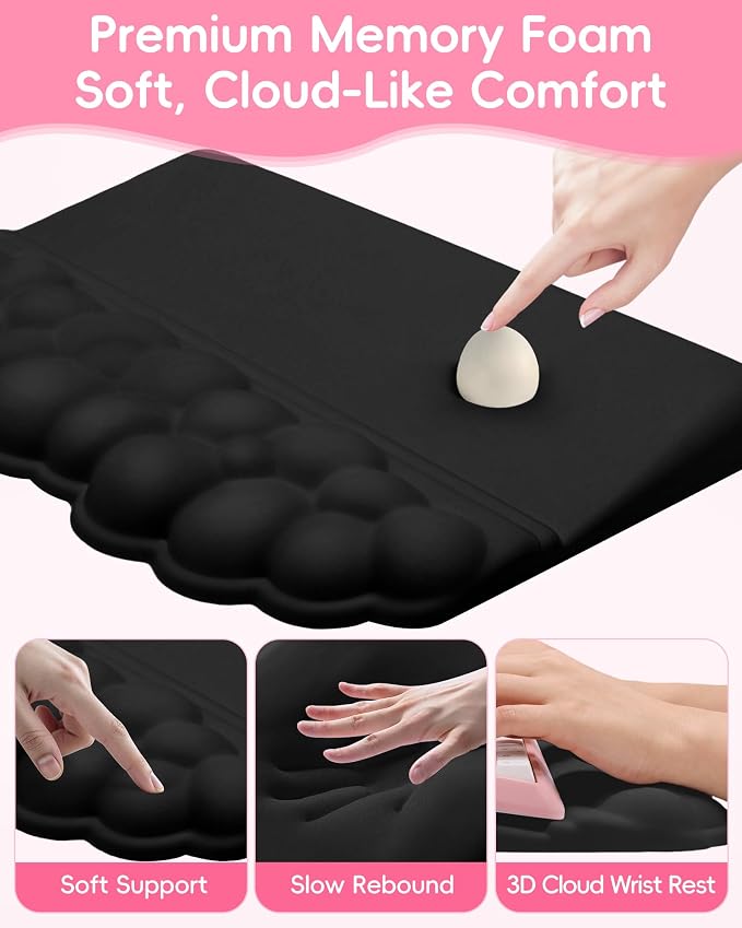 Cloud Wrist Rest Set for Keyboard and Mouse, Cute Memory Foam Wrist Support & 2-in-1 Adjustable Keyboard Stand, Silky Lycra Surface, Two Typing Angles, Non-Slip Base (Black)