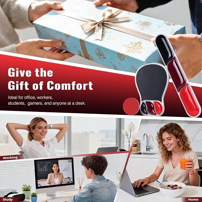 Ospelelf Mouse Pad with Wrist Rest Set Gel Ergonomic Keyboard Wrist Support Anti-Slip Rubber Bottom Office Women Desk Accessories for Computer, Laptop and Gaming, Black and Red