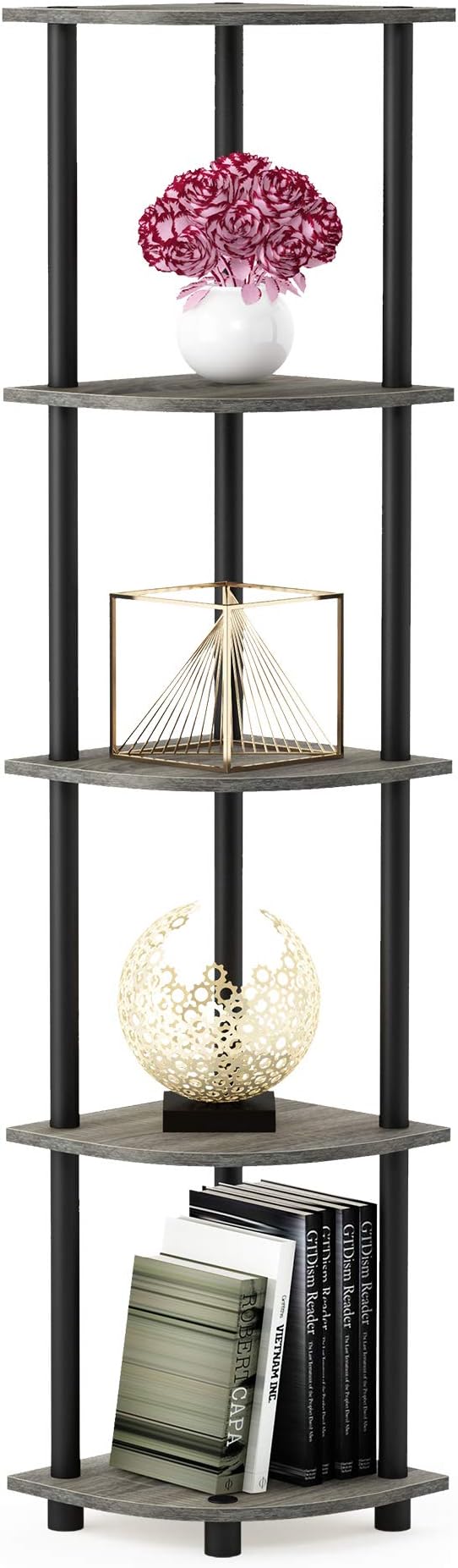 Furinno TURN-N-TUBE Corner Shelf, 5-Tier Corner Bookshelf, Open Storage Shelves, for Organization and Storage, Living Room, Home Office, Garage, Bedroom, French Oak