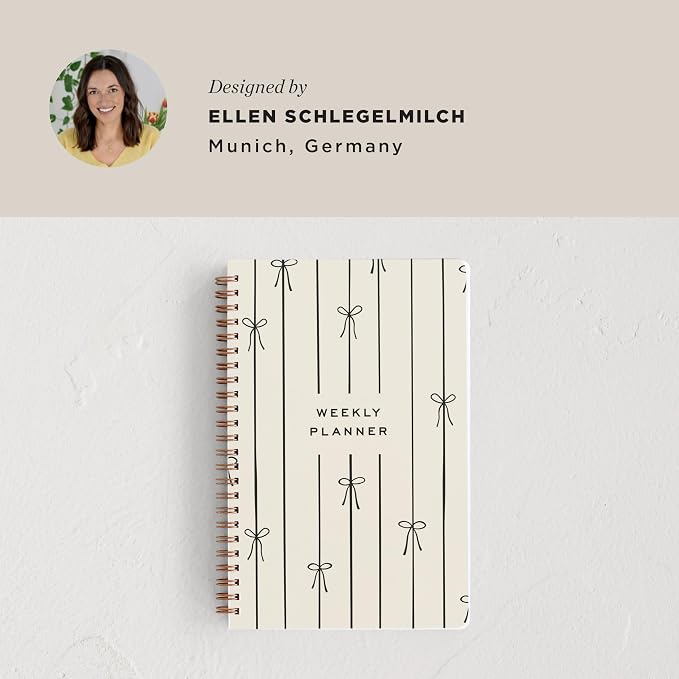 Minted Black Lines of Bows 2026 Weekly & Monthly Undated Planner, 5.5" x 8.5" Minimalist Spiral Bound Planner Notebook, 132 Pages, Modern Undated Calendar Organizer