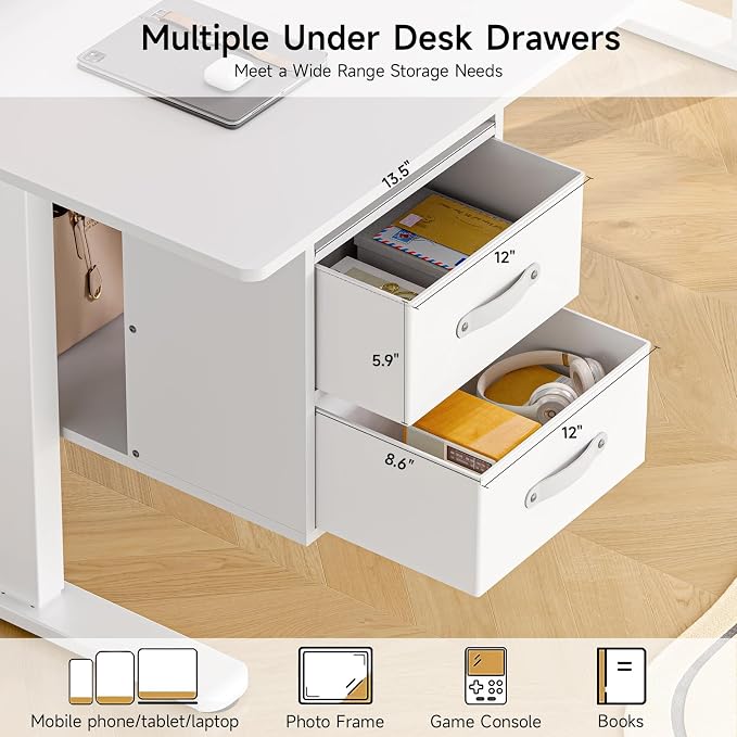 ONBRILL Standing Desk with Drawers, 63x24 Inch Electric Stand Up Desk with 3 Drawers and Open Storage Shelf, Adjustable Height 28-46 Inches for Home and Computer Workstation, White