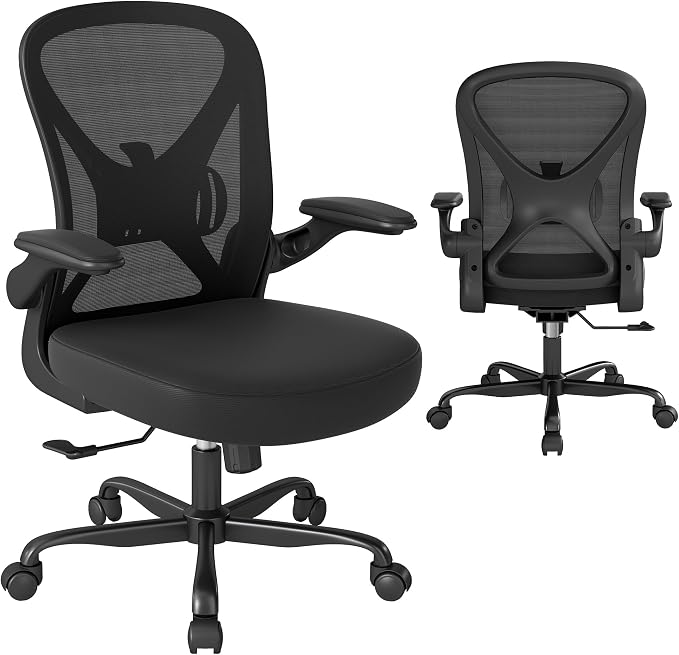 Ergonomic Office Chair with Adjustable Lumbar Support, 300 lbs Swivel Desk Chair with Flip-Up Arms, Mesh Comfy Padded Seat for Computer and Home, Black