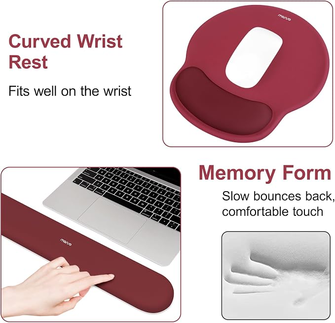 MOSISO Wrist Rest Support for Mouse Pad&Keyboard Set, Circle Curved Ergonomic Mousepad&Coaster Non-Slip Base Home/Office Pain Relief&Easy Typing Pad with Soft Cloth&Silicone Lining, Wine Red
