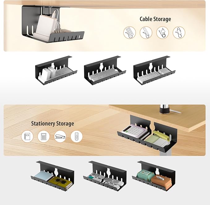 Syeeiex Under Desk Cable Management, Cord Management, Black, 17inch, 2 Set | No-Drill C-Clamp and Screw Mount, Metal Desk Wire Organizer for Office Home Workspace, Cord Organizer with 10 Cable Ties