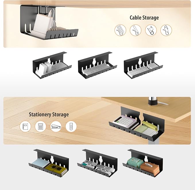 Syeeiex Under Desk Cable Management Tray, Cord Management, Black, 17inch | No-Drill C-Clamp and Screw Mount, Metal Desk Wire Organizer for Office Home Workspace, Cord Organizer with 10 Cable Ties