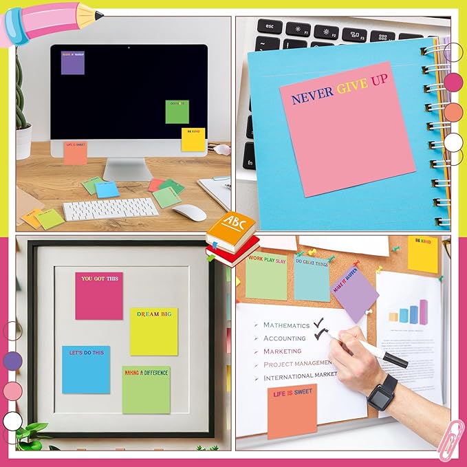 Yinder 24 Pcs Inspirational Sticky Notes Thank You Gift Motivational Sticky Note Pad Employee Appreciation Gift Bulk for Staff Coworker Teacher Nurse Office Groups 3 x 3'' (Motivational,Bright Color)