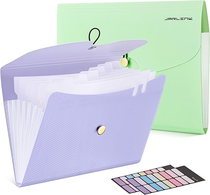 JARLINK 7 Pockets Expanding File Folder, A4 Accordion File Folders with 12 Labels, Cute Paper Organizer, Portable Document Organizer for College School Office Supplies, Macaron Pupple & Macaron Green