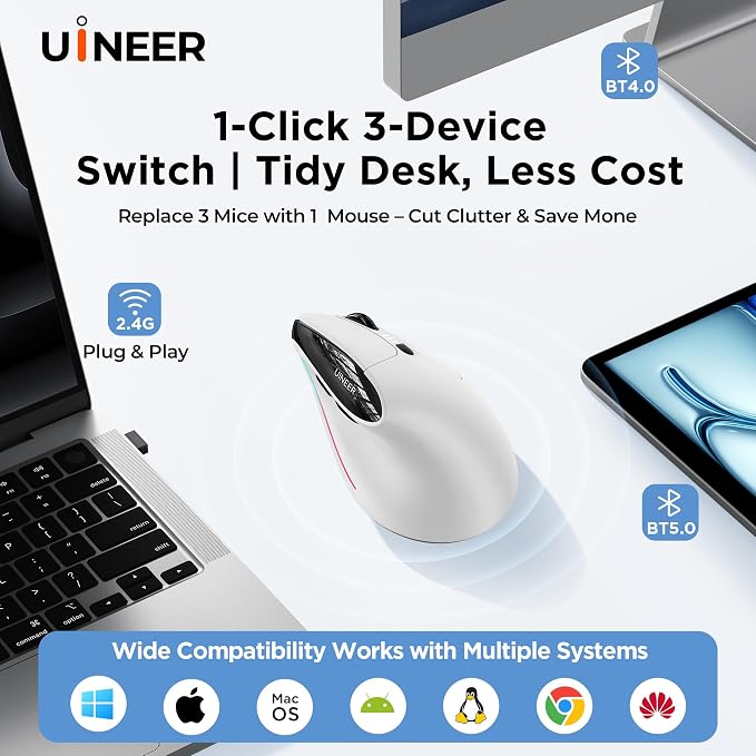 Uineer Ergonomic Wireless Vertical Mouse, Tri-Mode Bluetooth 5.0/4.0 and 2.4G USB, Rechargeable Silent Computer Mouse for Laptop, MacBook, iPad and PC, 4 DPI Levels, LED Light, 3-Device Switching